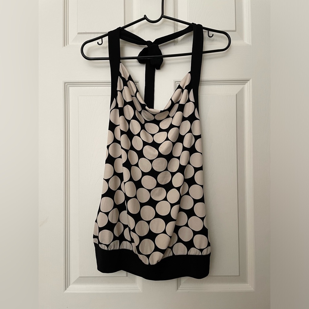 Cowl Neck Women’s Halter Top Black with Ivory Polka Dots Tie Neck Size Large